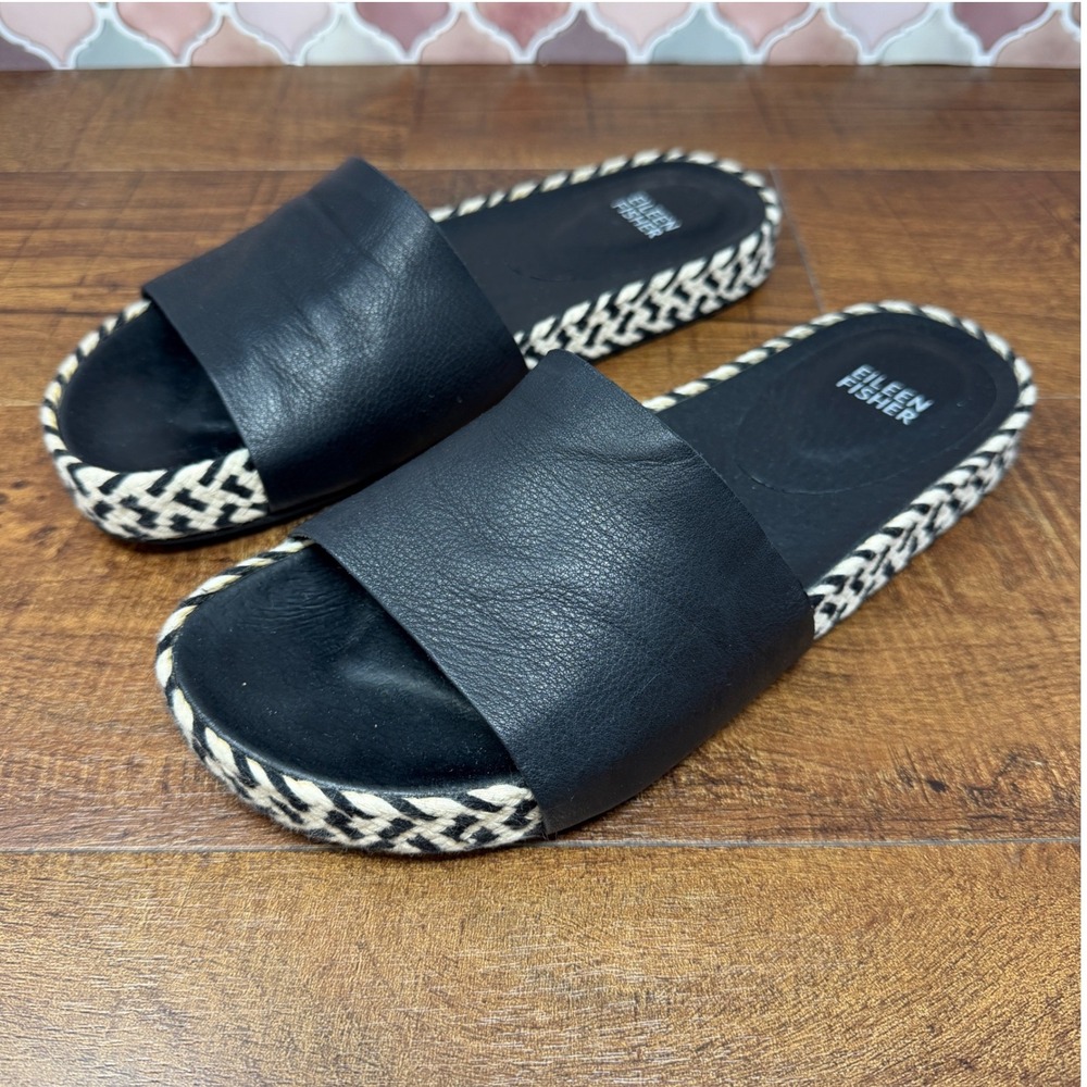 Eileen Fisher Pear Black Leather Chevron Woven Espadrille Slide Sandals 7 - Picture 8 of 15